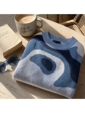 Shein Blue Abstract Knit Sweater Size Small Oversized Pullover